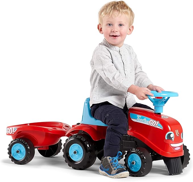 Falk 200B Porteur Tractor Go avec remorque et kit de Stickers alternatifs, Red, Blue