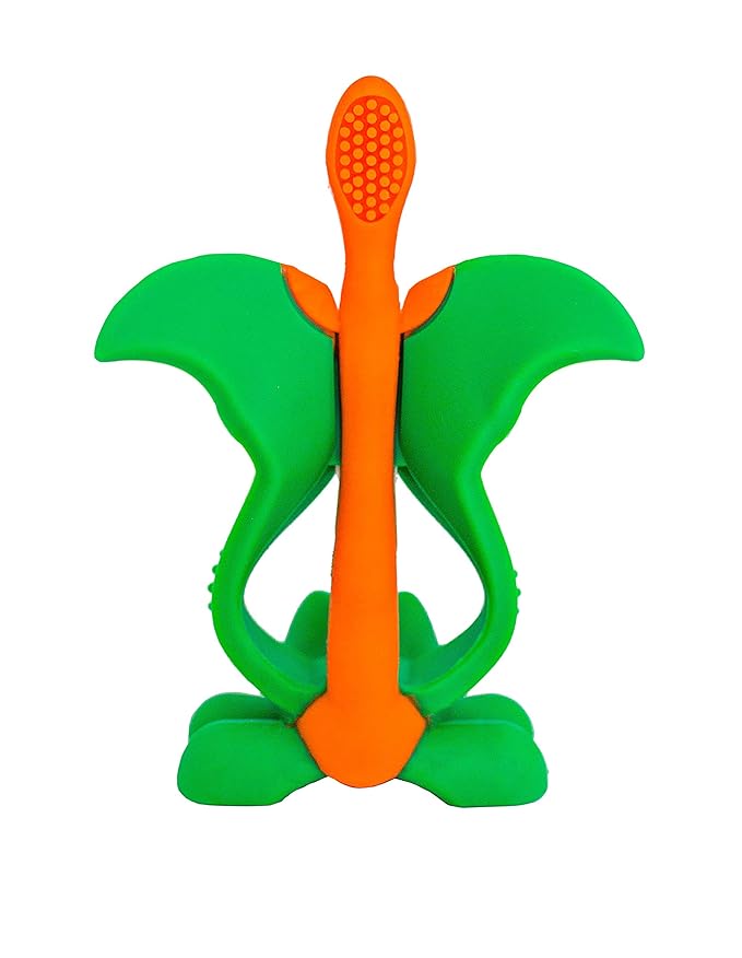 Baby Banana® Dragon Training Teether Toothbrush for Babies and Toddlers, Flexable Silicone with Soft Bristles for Soothing Gums and Cleaning Teeth, Family-Owned Business, Made in USA