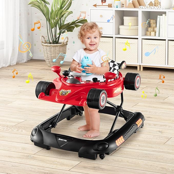 HONEY JOY Baby Walker, 4-in-1 Foldable Infant Activity Push Walker, Toddler Car Walker w/Adjustable Heights, Music, Lights, Removable Tray, Baby Walker with Wheels for Boys Girls 7-14 Months (Red)