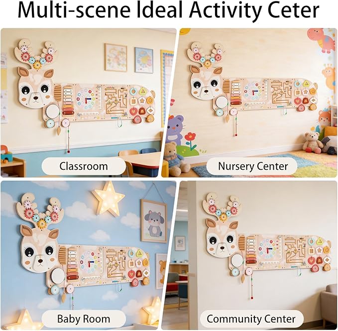 Reindeer Activity Wall Busy Board Panels,12-in-1 Wooden Sensory Wall Panel for Kids, Wooden Montessori Learning Activity Center Sensory Toys for Playroom, Preschool, Daycare, Nursery, Classroom