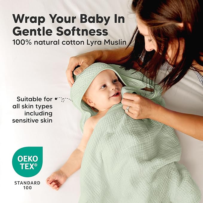 KeaBabies Muslin Hooded Baby Towels for Newborn Girls, Boys - 2-Pack, 30x30 Organic Cotton Baby Bath Towels Hooded, Soft Absorbent, Toddlers, Kids, Infant, Newborn Bath Essentials (Sage, Petite)