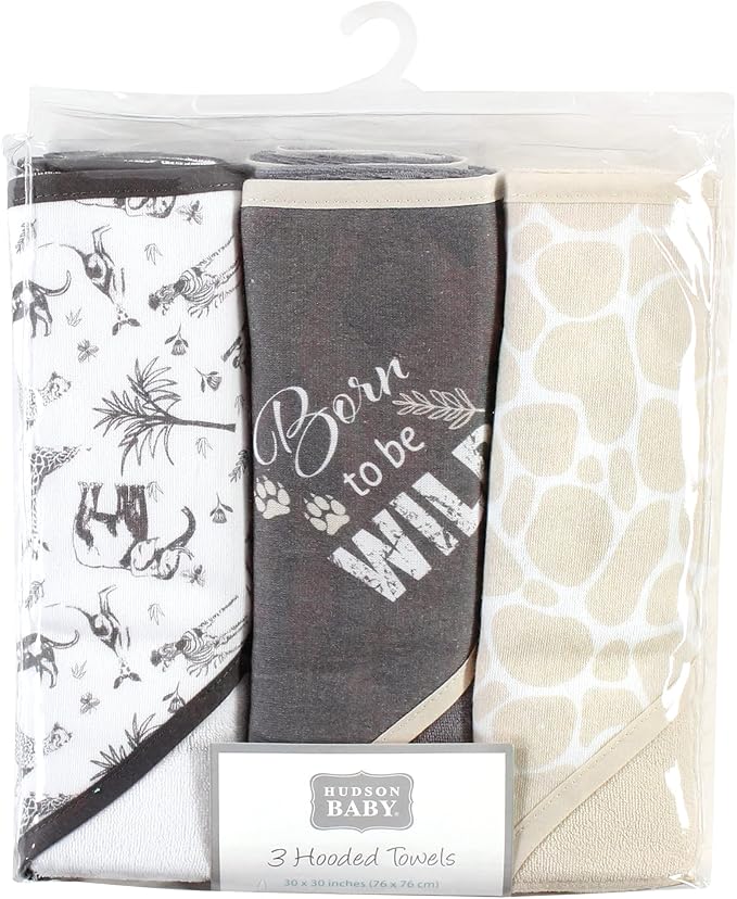 Hudson Baby Unisex Baby Cotton Rich Hooded Towels, Vintage Safari, One Size