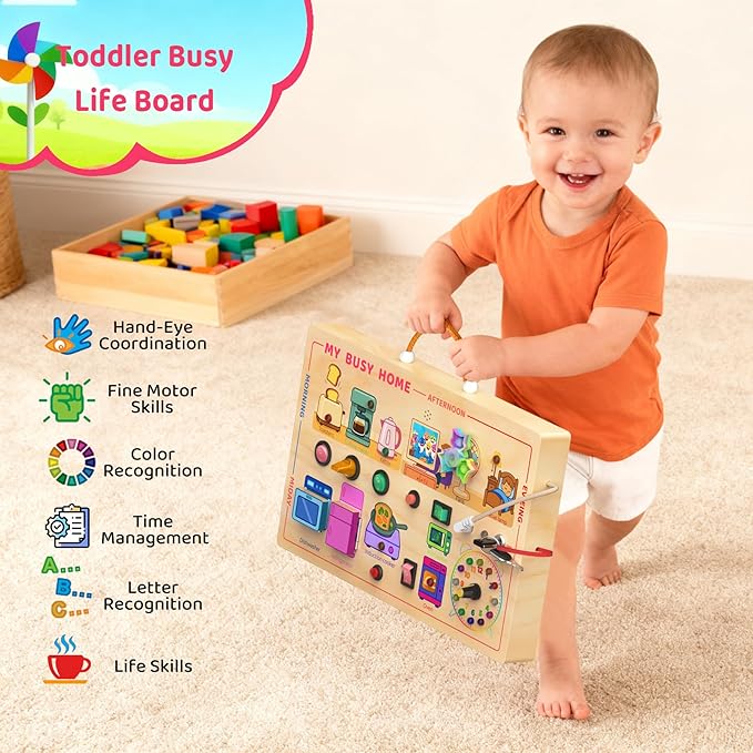 UdoUto My Busy Home Montessori Busy Board for Toddlers 1-3 - Wooden Sensory Activity Board with Kitchen Appliances, Switches, Clock | Educational Fine Motor Skill Toy for 1+ Year Old Boys Girls