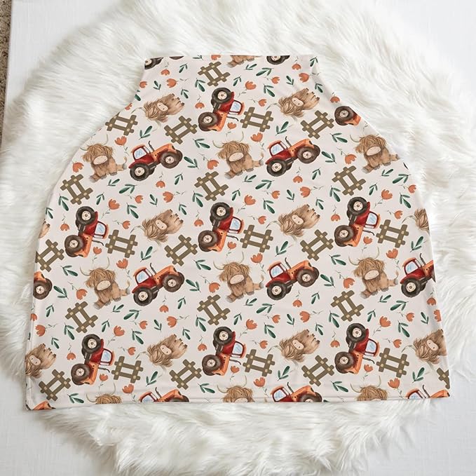 5-in-1 Unisex Farm Animals Floral Pattern Baby Carseat Stroller Cover for Boys Girls, Highland Cow Flower Tractor Infant Toddler Privacy Nursing Breastfeeding Canopy, Grocery Shopping Cart Cover-24x28