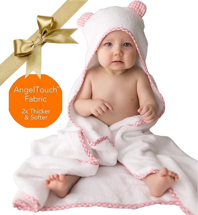 Channing & Yates Premium Hooded Baby Towel + (6 Piece) Washcloth Gift Bundle - Organic Viscose Made from Bamboo Baby Towels - (Pink Gingham Bundle)