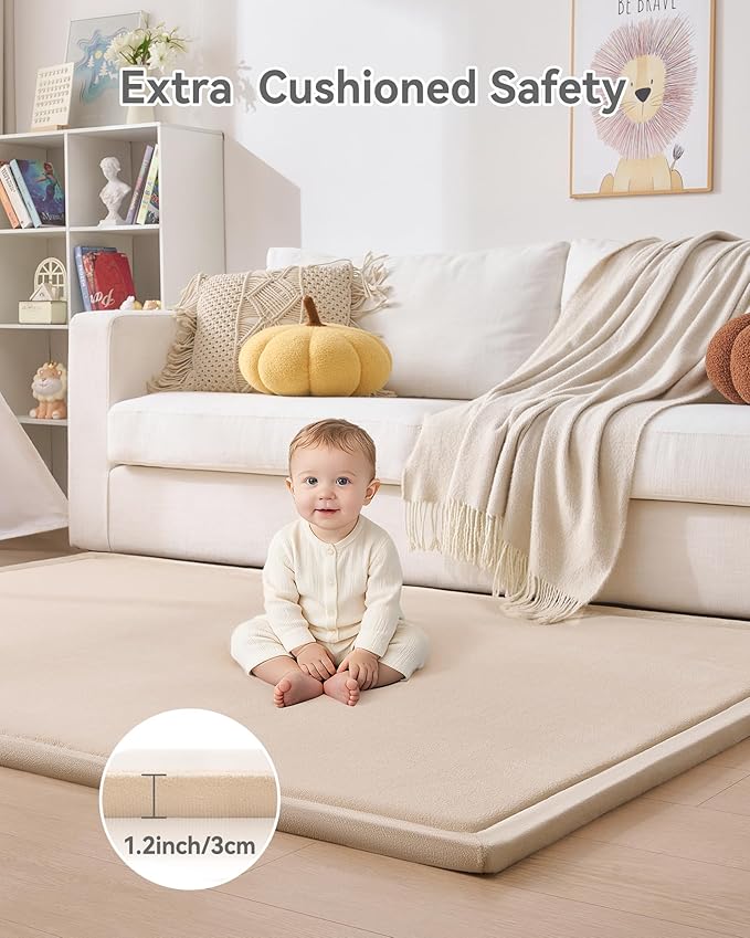 Baby Play Mat for Floor, 1.2" Thick Extra Large Memory Foam 59"×79" Playpen Mat for Kids, Infants, Toddlers - Soft Baby Crawling Mat for Tummy Time, Sitting with Non-Slip Bottom, Beige