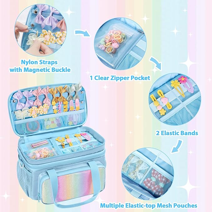 GRAOSO Hair Bow Organizer for Baby Girls, Double Layer Hair Accessories Storage Bag, Rainbow Sequins Design, with Handle and Detachable Shoulder Strap (Case only) (Blue)