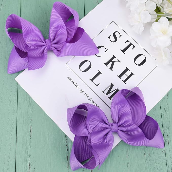 DEEKA 2 PCS 6" Big Hand-made Grosgrain Ribbon Solid Color Hair Bows Alligator Clips Hair Accessories for Little Teen Toddler Girls Kids Set of 2 -Purple