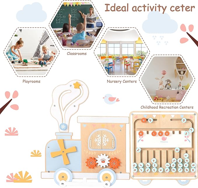 Pillowhale Train Activity Wall Busy Board, Wooden Montessori Sensory Toys, 12-in-1 Learning Activity Center for Playroom,Daycare, Nursery, Classroom, Educational Toys for Toddler