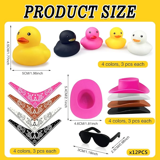 12 PCS Cowboy Duck with Scarf Hat and Sunglasses Mini Bath Duck Toys for Birthday Swimming Party Gift Favor Decorations
