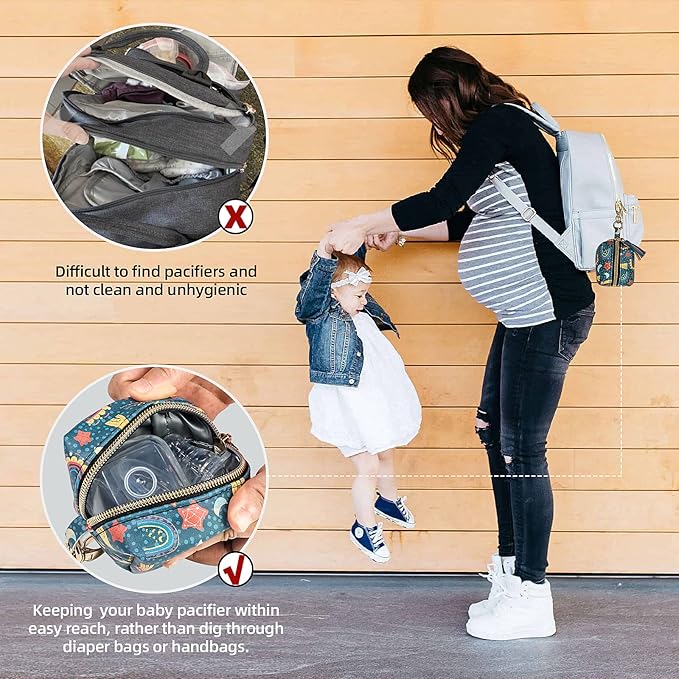 Smlpuame Pacifier Holder Case,BPA Free Leather Baby Pacifier Cover Pouch,Binky Case for Diaper Bag or Purse,Holder 4 Pacifiers or Teether Toy,Outdoor Travel Accessories,Easy to Clean(Rainbow)