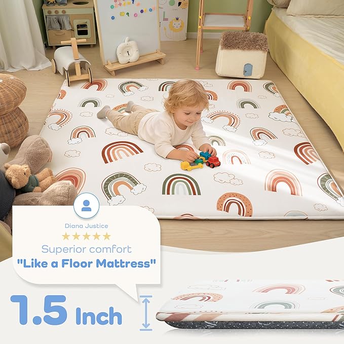 1.5" Thick Premium Baby Floor Play Mat, 71x59 Over-Sized Padded Memory Foam Mat, Tummy Time Crawling Playmat for Nursery Playroom Classroom, Rainbow