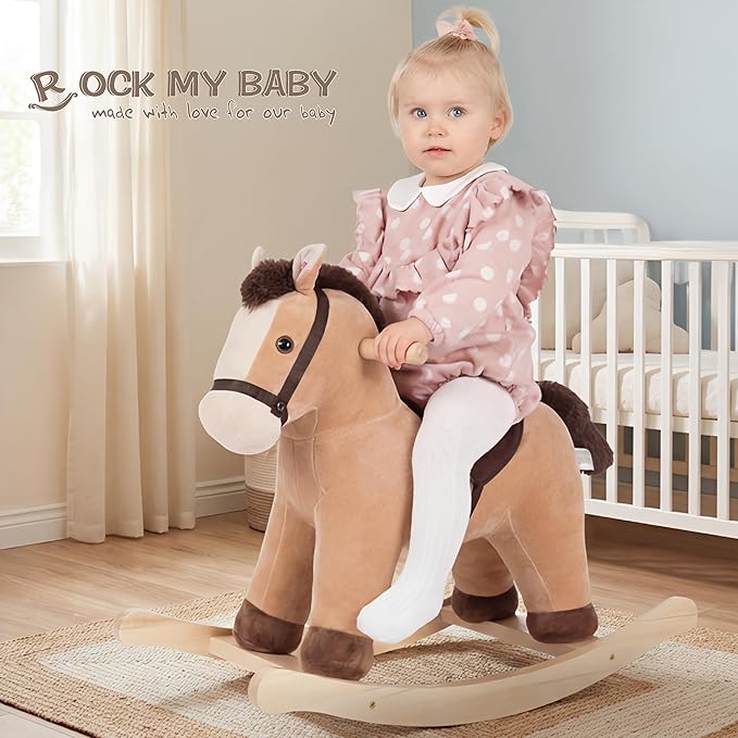 Rock My Baby Rocking Horse, Rocking Animal with Realistic Sound, Stuffed Rocker for Toddlers 18M+, Soft Filling Ride on Pony, Light Brown Horse, CPC Certified