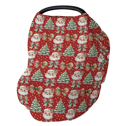 Christmas Santa Trees Car Seats Cover for Babies Santa Claus Red Green Bows Stretchy 5-in-1 Cover Adjustable Car Canopy Cover Winter Holiday Breathable Nursing Cover-Up