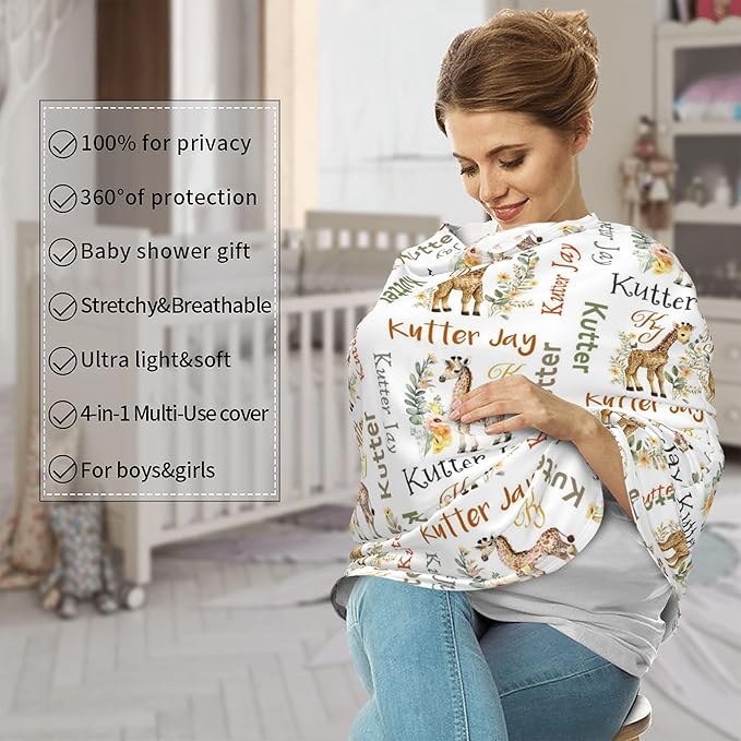 Personalized Giraffe Baby Car Seat Cover with Name,Multi-Use Canopy for Nursing, Strollers,Shopping Carts,Customized Breastfeeding Cover, Full Privacy,Infant Stroller Cover