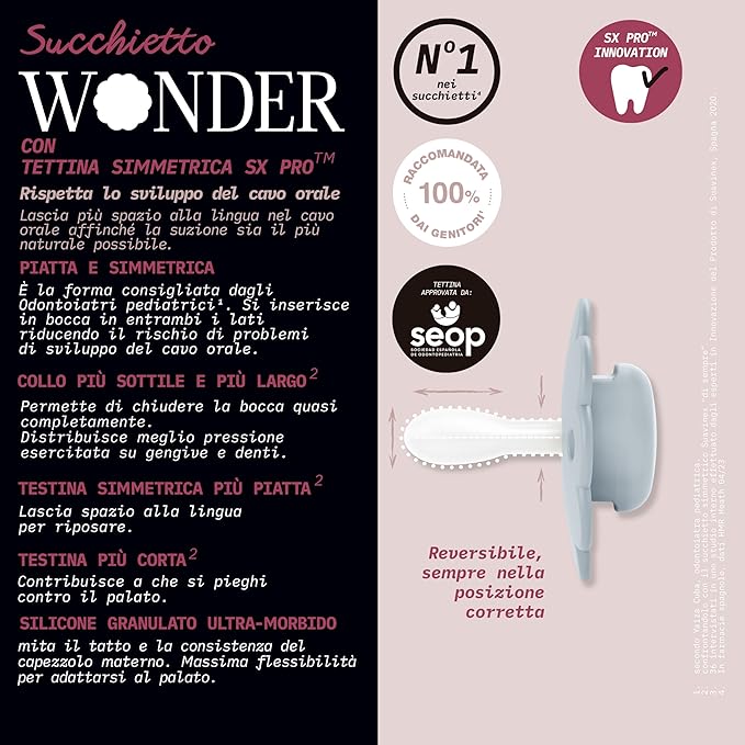 Suavinex Wonder Baby Pacifier, SX Pro Silicone Nipple, Reversible, Non Irritating Shield Design, 2 Pk Pacifiers 0-6 Months, Made in Europe, Aqua/Gray