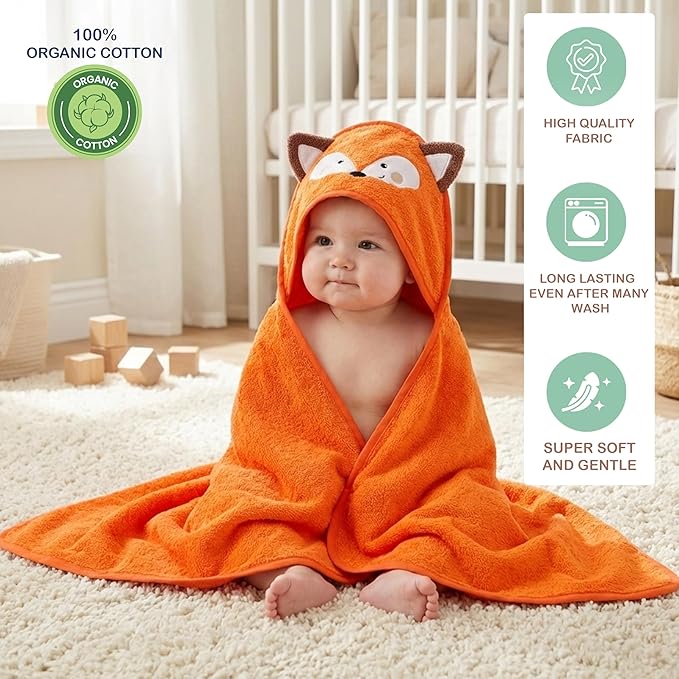 Mother's Choice 100% Organic Cotton Baby Hooded Towel – Ultra-Soft & Absorbent Baby Bath Towels for Newborn with 3D Orange Fox Design