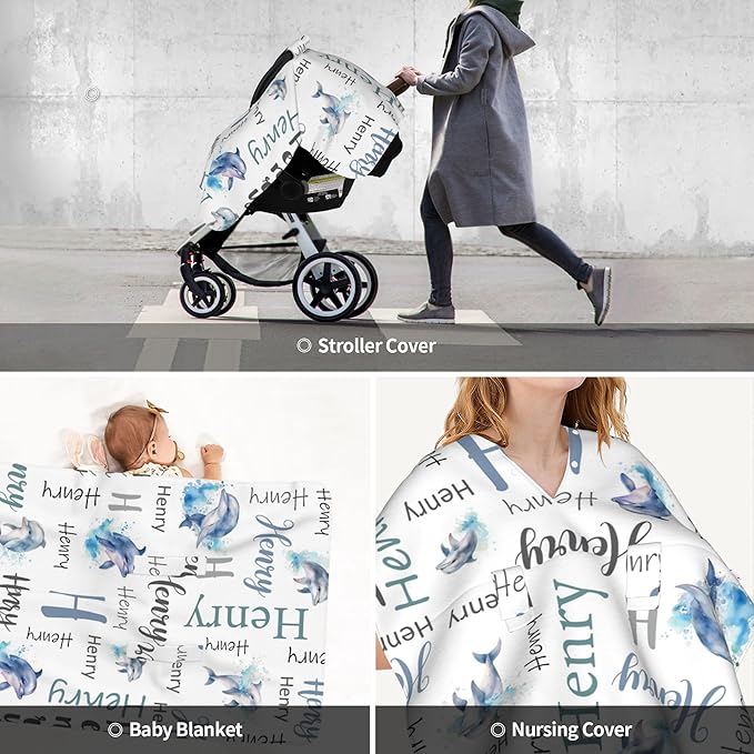 Personalized Baby Car Seat Cover Custom Name CarSeat Canopy Customized Dolphin Newborn Nursing Breastfeeding Cover Minky Baby Blanket Infant Car Seat Canopies for Baby Girls Boys
