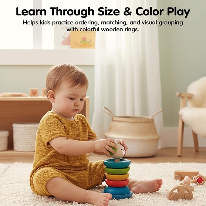 PlanToys® Mouse Stacking Ring Wooden Montessori Size and Colour Sorting Toy | Fine Motor, Coordination and Early Math Learning Activity | Eco Friendly Educational Stacking Toy