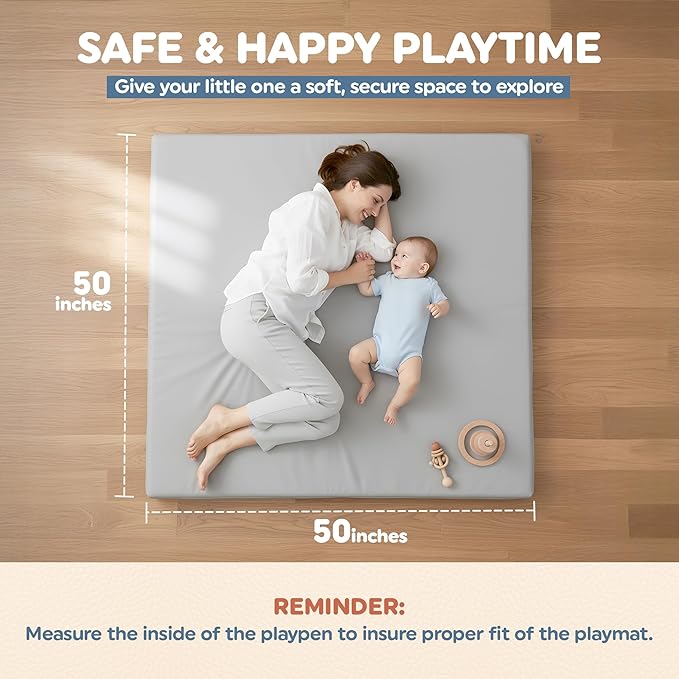 Motherly Haven Play Mat Cover Only – Fits 50x50x1 Rollable Foam Floor Mat for Babies – Waterproof, Easy to Clean Replacement Cover for Tummy Time & Crawling – Grey