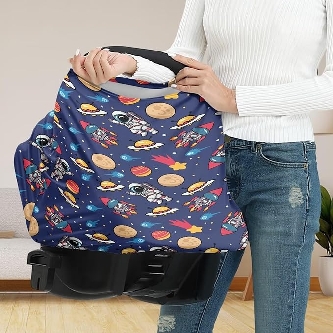 GIFTPUZZ Astronaut Car Seat Canopy Nursing Cover, Multi Use Baby Stroller and Carseat Cover, Nursing Covers Breastfeeding Scarf, Breathable Stretchy 360 Coverage, Perfect Babies Shower Gifts