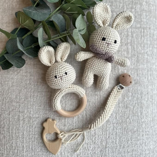 Generic Organic Cotton Handmade Crotchet Bunny Rattle, Toy, teether and Pacifier Holder Baby Shower/Birthday Gift Set., beige