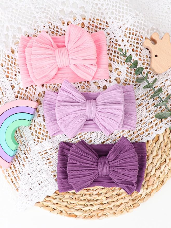 DRESHOW BQUBO Handmade Baby Headbands Soft & Stretchy Hair Bands with Bows Nylon Bows Hairbands for Girls Newborn Infant Toddlers Hair Accessories 3 pack