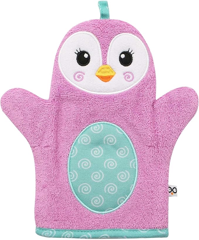 ZOOCCHINI Bath Mitt for Kids – 100% Cotton Terry with Soft Lining, Playful Animal Puppet Design for Fun Bathtime, One Size 5” x 9.25”, Penny the Penguin