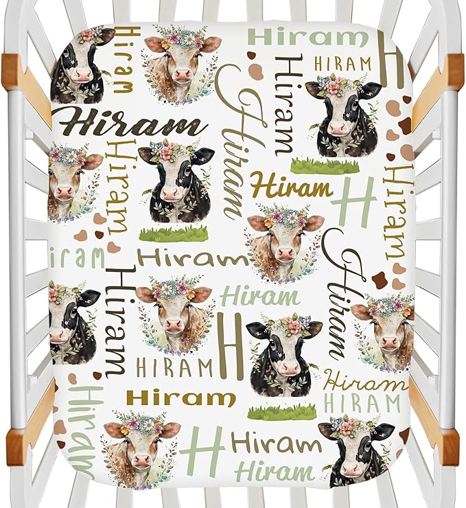 Personalized Cute Cow Pack N Play Sheets for Baby Girls Boys, Customized Mini Crib Sheets with Name, Stretchy Portable Playard Mattress Sheet Playpen Sheets, Gift for Newborn Infant