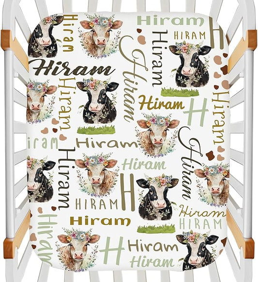 Personalized Cute Cow Pack N Play Sheets for Baby Girls Boys, Customized Mini Crib Sheets with Name, Stretchy Portable Playard Mattress Sheet Playpen Sheets, Gift for Newborn Infant