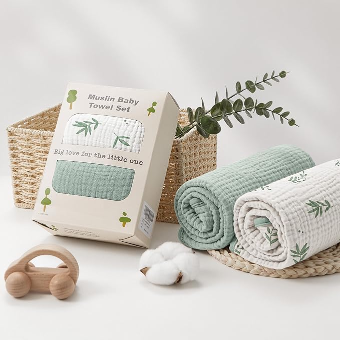 Susurration 2 Pack Thick Muslin Baby Towels, 100% Cotton Soft and Absorbent Baby Bath Hooded Towel for Newborn, Infant, Girls, Boys, Baby Essentials