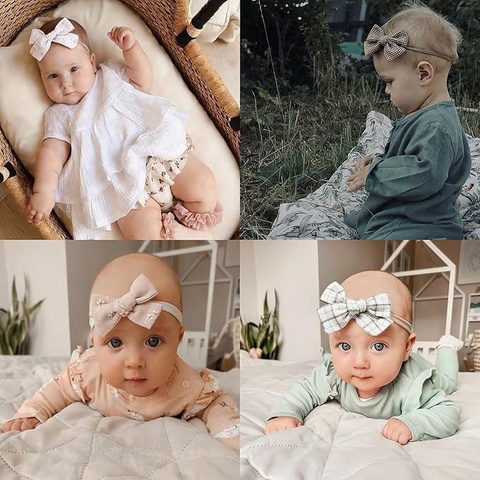 Baby Girl Bows and Headbands,10 pcs Stretchy Soft Nylon Hairbands Hair Bows for Newborns, Infants, Toddlers - Handmade Baby Hair Accessories for Girls Gifts