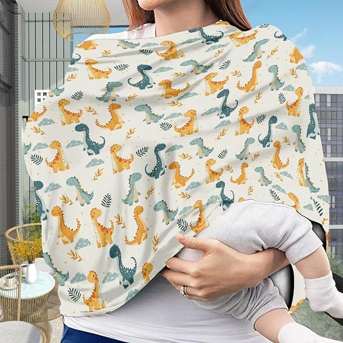 Biyejit Cute Cartoon Dinosaur Stretchy Baby Car Seat Cover Baby Car Seat Canopy Nursing Cover Carseat Canopy for Babies Breastfeeding and Car Seat Multi Use Shopping Cart High Chair Cove