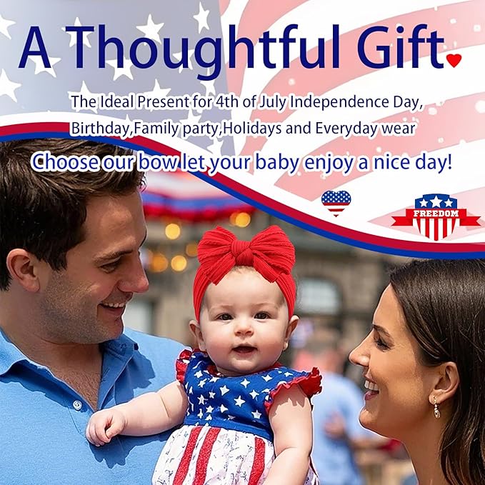 LemonSpace Handmade Headband for 4th of July Blue Baby Bow Newborn Accessories Infant Girls Hair Bows Red White and Blue Stretchy Soft Nylon Baby girl Bows Newborn Toddlers Headwrap
