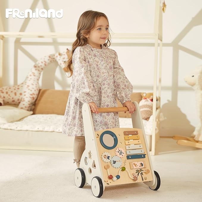 Freniland Wooden Baby Walker，Baby Walker with Wheels for Toddlers 18M+，Montessori Toys with Bead Maze, Xylophone and Storage for Boy and Girl