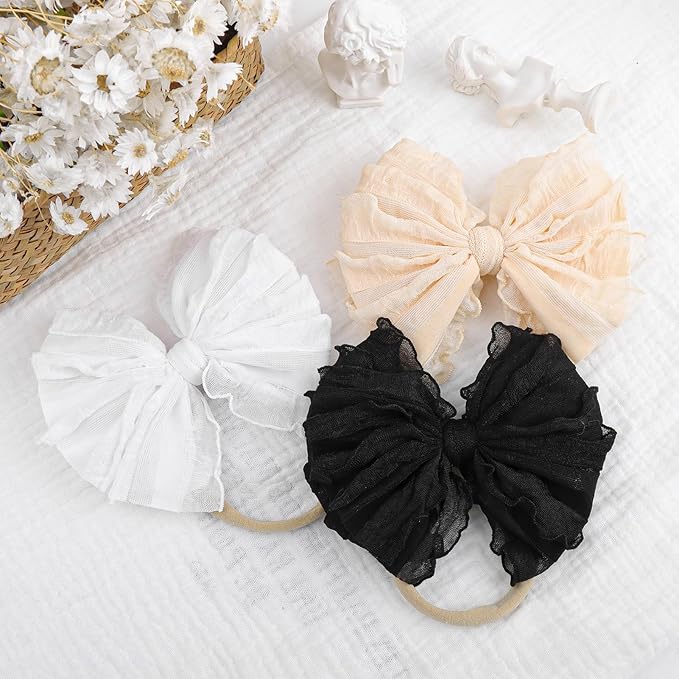 Baby Girl Headband with Bows, 3Pcs Nylon Hair Accessories for Infant, Toddler Girls, Black, White, Beige - HAIRBAND