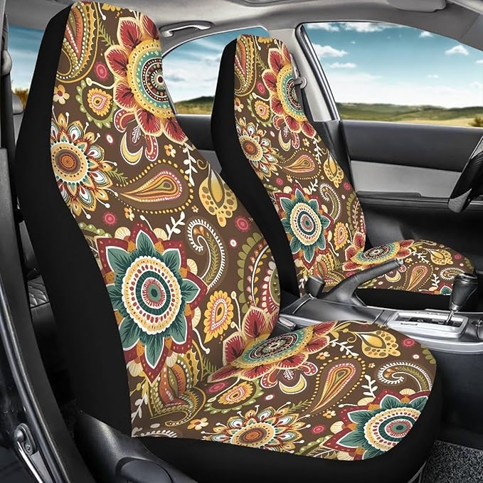 Boho Flower Car Front Seat Cover, Women's Auto Car Seat Covers Protector Universal Car Interior Accessories Automobile Seat Cover for Most Cars Truck Van SUV, 2 Pack