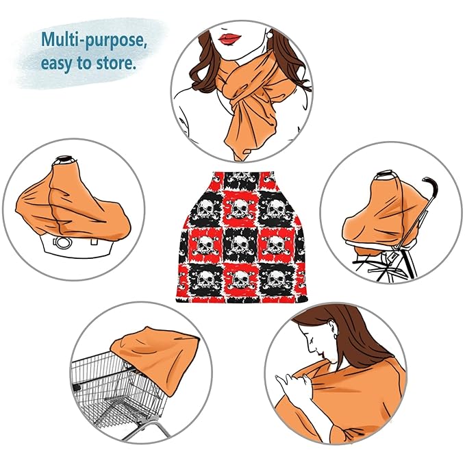 Day of The Dead Skull Dia De Los Muertos Red and Black Square Stretchy Baby Car Seat Cover Infant Canopy Nursing Covers Breastfeeding Cover Breathable Windproof Winter Scarf for Boys Girls