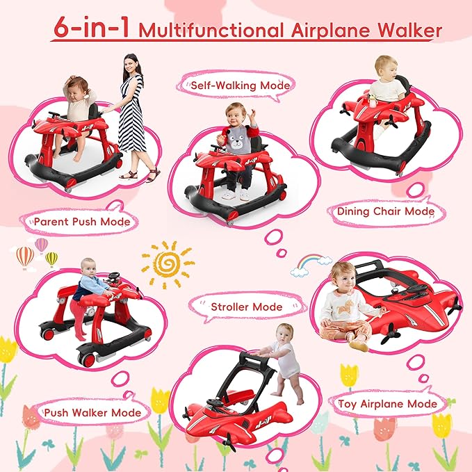 Betterhood 6-in-1 Foldable Baby Walker with Adjustable Height & Speed, Airplane-Themed Activity Push Walker with Music & Lights, Wheels, Anti-Slip Design, Suitable for Boys & Girls Aged 6-18 Months
