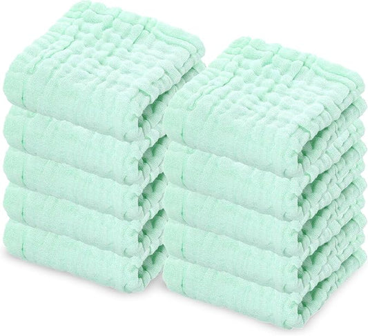 10 Pack Soft Muslin Unisex Baby Washcloths for Daily Use, 100% Cotton Set for Delicate Skin. Soft and Super Absorbent, Newborn Baby Essentials and Baby Registry,12x12 Inches (Green)