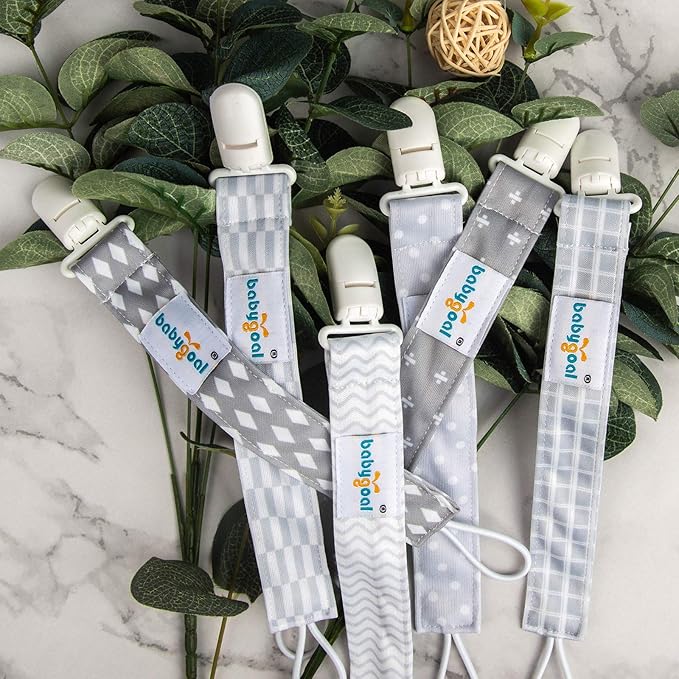 babygoal Neutral Grey Pacifier Clips, 6 Pack Binky Paci Holder Clip Leashes Fits for Most Baby Pacifiers and Binkies