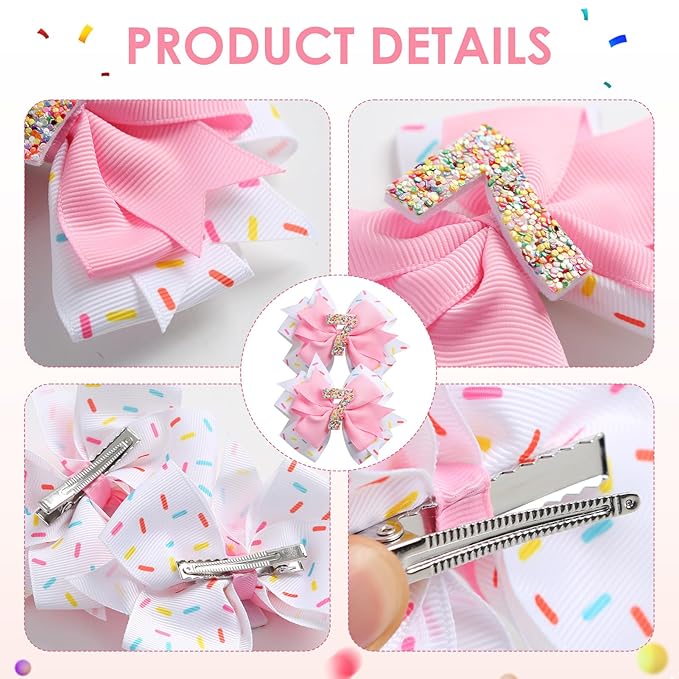 2Pcs Birthday Hair Bow for Baby Girls 2 3 4 5 6 7 Years Sprinkle Decorations Confetti Ice Cream Party Pink Pigtail Hair Accessories for Seven 7th Birthday