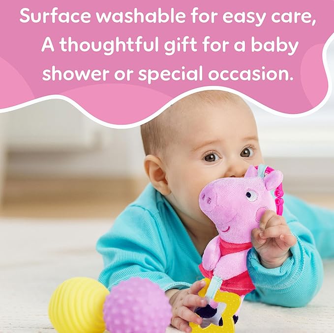 Kids Preferred Peppa Pig Take Along Activity Toy - Baby Toy, Star Teether, Rattle, Sensory Toy, 9 Inches, On-The-Go Clip, Ages 0 Months and Up