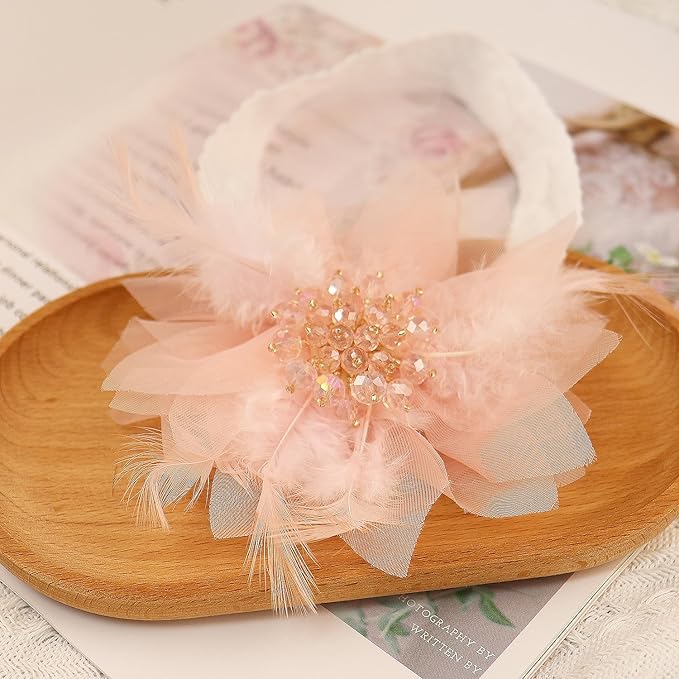 Bethynas Baby Girls Lace Feather Headband Beads Gauze Flower Elastic Toddler Hairband Birthday Party Princess Hair Accessories for Newborn Infant (Pink)