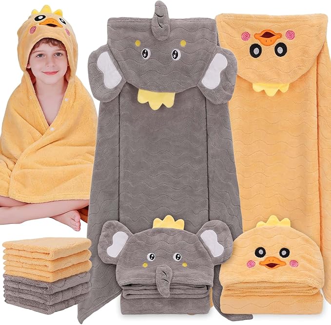 Flasoo 8 Pcs Toddler Towel Set, 2 Pcs Hooded Toddler Bath Towel, Large 55" x 27.5" Toddler Hooded Towel & 6 Pcs Baby Washcloths for Boy Girl 0-5 Year, Soft Gift for Babies, Infant, Newborn Essential