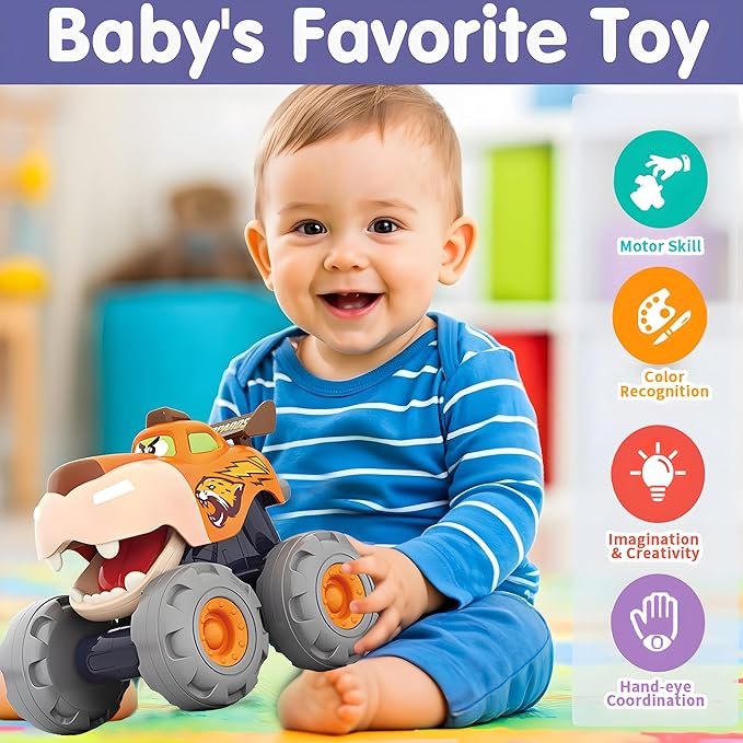MOONTOY Toy Cars for Toddlers 1-3, 3 Pack Monster Truck Toys for 1 2 3 Year Old Boy Gifts, Baby Animal Play Vehicle Push Pull Back Truck for 12-18 Months 2-4 0-2 1-2 One Year Old Boy 1st Birthday Gift