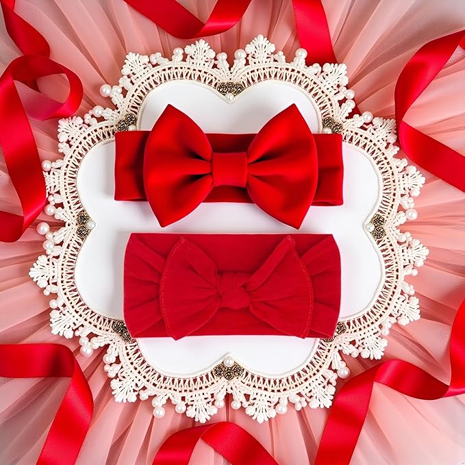 1Pc Red Velvet Elastic Stretchy Soft Bow Headbands,Classic Knot,Solid Color Wide Turban Knotted Big Bow Hairbands Headwraps Hair Accessories for Newborn Infant Toddlers Baby Girls