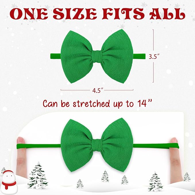 3PCS 4.5'' Christmas Baby Girl Bows for Newborn Green Headband Red Hair Bow Christmas Nylon Hairband Hair Accessories for Infants Toddler Headbands