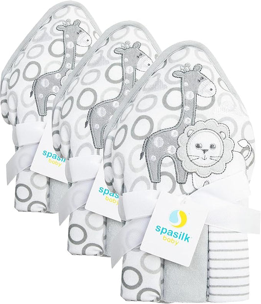 Spasilk Baby Bath Hooded Terry Towel with 3 Washcloths, Baby Bath Essentials, One Size, Gray Lion (Pack of 3)