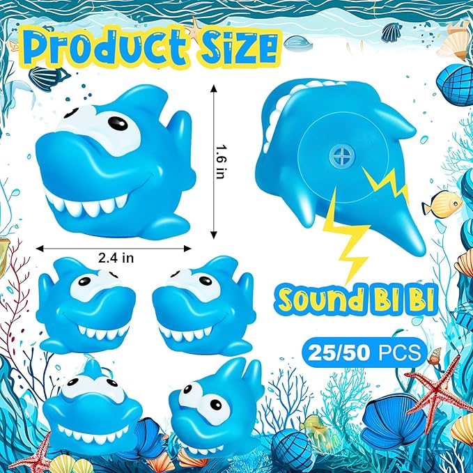 50 Pcs Rubber Sharks for Kids, Bulk Squirting Shark Bath Toys Cute Small Squeak Sharks Party Favors Summer Bathtub Toy for Birthday Shower Classroom Pool Party Favors